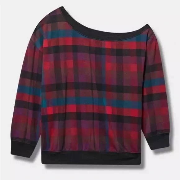 NWT Torrid Red Plaid Off-Shoulder French Terry Top – Size 1 - Picture 5 of 6